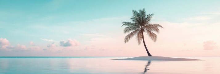 Poster - A tranquil tropical island showcases a solitary palm tree, reflecting in the still waters under a pastel sky at dusk. Generative AI