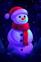 Wall Mural - A cheerful snowman wearing a red scarf and hat against a snowy background.