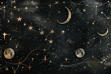 Canvas Print - black and gold starry night sky with a moon and a planet. the stars are scattered all over the sky, 