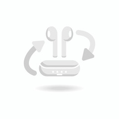 Wireless headphones vector icon. Gray Headphones with storage case. Headphone charger. Bluetooth earphones. A pair of wireless headphones. Headset icon. Headphones with arrows.