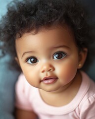 Wall Mural - A smiling baby with beautiful dark curls and expressive eyes sitting comfortably, displaying joy and curiosity during an afternoon indoors