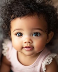 Wall Mural - Adorable baby girl with curly hair and bright eyes, smiling warmly, captured in a cozy indoor setting, showcasing her joyful expression during early morning