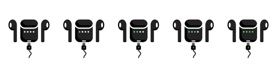 Poster - Wireless headphones icon set. Black Headphones with storage case. Headphone charger collection. Bluetooth earphones. Headset icon. Phone device.
