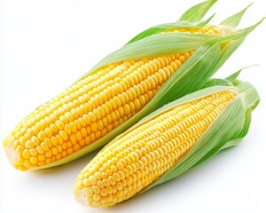 Two ears of fresh yellow corn with husks on a white background.