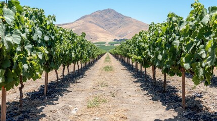 Wall Mural - rows of grapevines leading to a mountain in a vineyard.