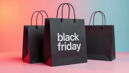 Black paper bags with white text 