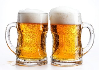 Two frosty mugs of beer with white foam on top, on a white background.