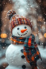 Wall Mural - Snowman in winter clothes on park background