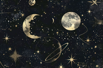Wall Mural - painting of the night sky with a large moon and two small crescent moons. the painting is gold and b