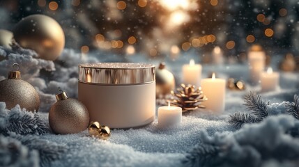 Poster - Soft glowing candles illuminate a wintry scene adorned with golden ornaments, pine cones, and a jar. The peaceful atmosphere highlights the beauty of the holiday season.