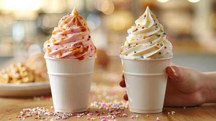 Two cups of frozen yogurt, one pink with caramel sauce and one white with sprinkles, on a table with sprinkles scattered around.