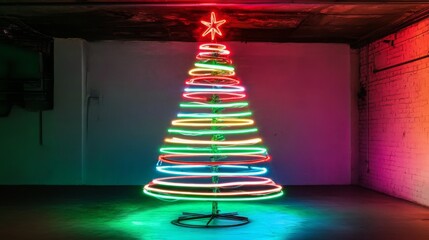 Aufkleber - A vibrant neon Christmas tree stands tall in an indoor setting, illuminated with colorful lights. The bright design creates a festive atmosphere, embracing the holiday spirit.