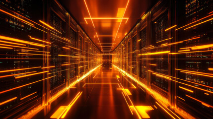 A futuristic data center corridor with illuminated lines and high-tech servers, representing advanced technology and digital networks