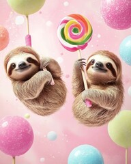 Maned sloths hanging from colorful lollipops, set against a studio backdrop with retro circles and dynamic brush strokes in bold colors.