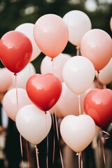 Sticker - A cluster of heart-shaped and round balloons in pink and red hues.