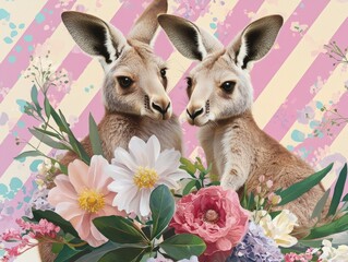 Eastern grey kangaroos playing with oversized flowers, surrounded by a studio background with pastel dots, stripes, and abstract floral designs.