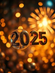 New Year 2025, glowing golden numbers, festive bokeh lights, fireworks burst, sparkling celebration, warm orange glow, blurred background, night sky, holiday atmosphere, digital art, 4K resolution, ci