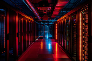 Poster - A long hallway with red lights shining on the floor