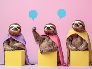 Sloths in superhero capes striking exaggerated poses, arranged on a studio background with comic-book-style speech bubbles and bright color blocks.