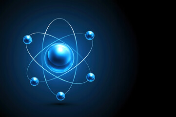 Blue atomic model on navy blue background, abstract background.