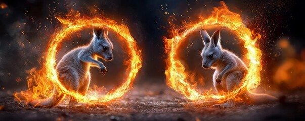 Funny kangaroo joeys bouncing through rings of fire, layered over a studio backdrop filled with dynamic starburst and flame patterns.