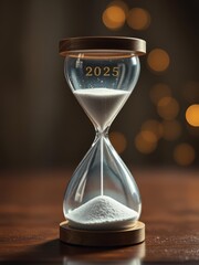 Hourglass with 2023 engraved, sand flowing, bokeh background, wooden surface, time concept, vintage aesthetic, shallow depth of field, warm tones, new year symbolism, dramatic lighting, high detail, p