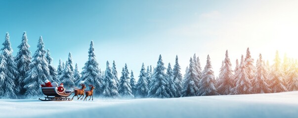 Santa Claus riding sleigh pulled by reindeer in snowy forest at sunrise. Winter landscape with snow-covered trees.