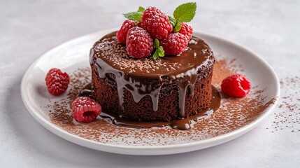 Chocolate raspberry cake with glossy ganache, isolated on a white porcelain plate, garnished with fresh raspberries and a light dusting of cocoa powder