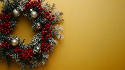 Aufkleber - A Christmas wreath with snow-covered evergreen branches adorned with red berries and silver ornaments is placed against a gold background.