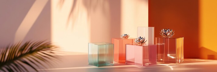 Fototapete - Brightly lit geometric shapes resembling gift boxes showcase soft hues and delicate flowers in a sunny indoor setting. Generative AI