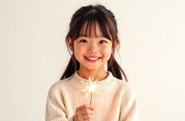 Happy Asian Girl Holding burning Sparkler on light background. Child in a white sweater smiling and holding burning Sparkler blast