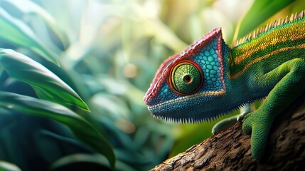 Poster -   A close-up image of a chameleon perched on a leafy tree branch against a green plant backdrop