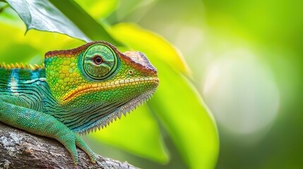 Poster -   A close-up of a chameleon perched on a tree branch, surrounded by a blurred background of leaves and branches