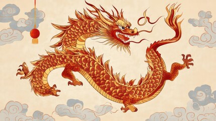 A fiery red dragon with sharp claws and a long tail, depicted in a traditional Chinese style with clouds and a red tassel.