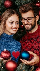 Poster - A couple joyfully decorating a Christmas tree with ornaments.