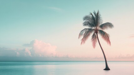 Fototapete - A peaceful tropical island scene showcases a lone palm tree by the calm ocean, bathed in soft morning light under a pastel sky. Generative AI