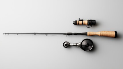 Fishing rod and spinning reel on light grey background. Flat lay composition of fishing equipment