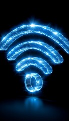 Poster - A luminous blue Wi-Fi symbol stands out against a black background, showcasing a modern and tech-inspired aesthetic. The glowing design suggests connectivity and high-speed internet access.