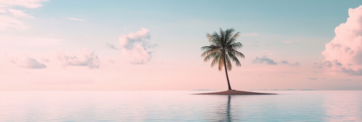 Poster - This tropical island features a solitary palm tree surrounded by tranquil waters reflecting a beautiful pastel sky at sunset. Generative AI