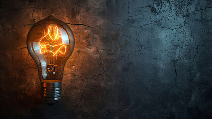 Poster - A vintage-style light bulb emits a warm glow, showcasing intricate filament designs, illuminating a cracked and textured dark wall, creating a moody atmosphere perfect for artistic ambiance.