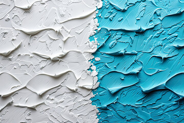 Poster - Textured paint in varying shades of blue and white displays distinct layering and patterning, creating an abstract work of art. The bold contrasts and textures invite closer inspection.