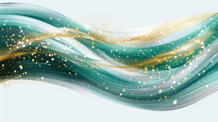 Poster - A dynamic design featuring flowing waves in shades of teal and gold, with sparkling elements throughout, creating a sense of movement and elegance on a light background.