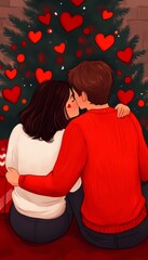 Poster - A cozy couple sharing a kiss in front of a decorated Christmas tree.