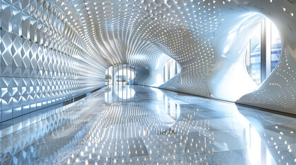 Poster - This location features a sleek, modern hallway characterized by intricate patterns and soft lighting. The glossy floor reflects the unique ceiling design, creating a captivating ambiance.
