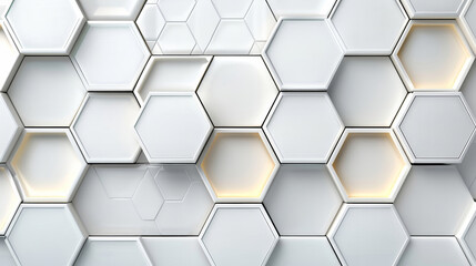 Poster - A design feature showcases hexagonal wall tiles arranged in a geometric pattern, blending white shades with subtle glowing accents, perfect for contemporary interior spaces in daylight.