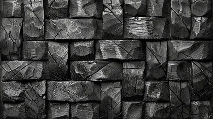 Poster - A surface covered with interlocking black wooden blocks exhibits a rich, textured appearance. The pieces vary in size and shape, creating a visually striking geometric arrangement.