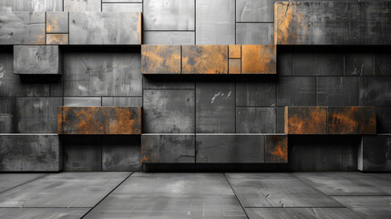 Poster - A contemporary interior showcases textured gray panels with hints of rust. The arrangement of boxes and smooth flooring provides a striking contrast, creating an industrial ambiance in the setting.