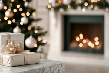 Sticker - A cozy holiday scene with wrapped gifts and a glowing fireplace.