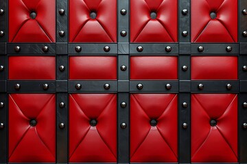 Poster - A striking textured wall features a pattern of red upholstered panels framed in black. The design includes decorative studs, creating a bold and modern aesthetic suitable for various interiors.