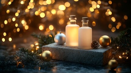 Aufkleber - Two decorative bottles glow softly amidst sparkling lights and holiday ornaments, creating a warm, festive atmosphere perfect for celebrating the season at night.